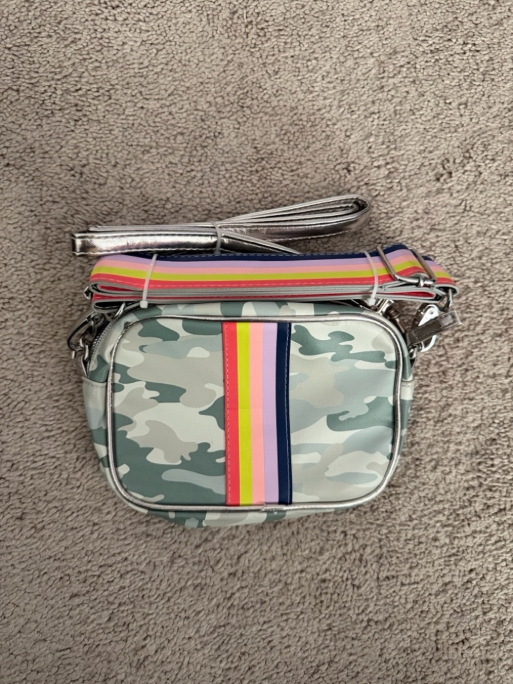 Green Camo Crossbody Bag with Rainbow Strap and silver strap - Picture 2 of 6